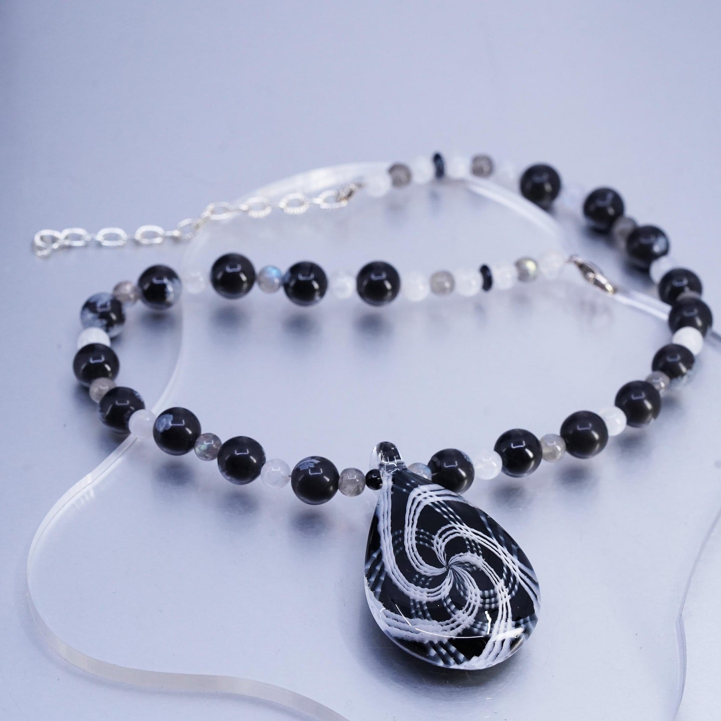 16+2", Sterling Silver 925 necklace with fossil coral labradorite glass pendant
