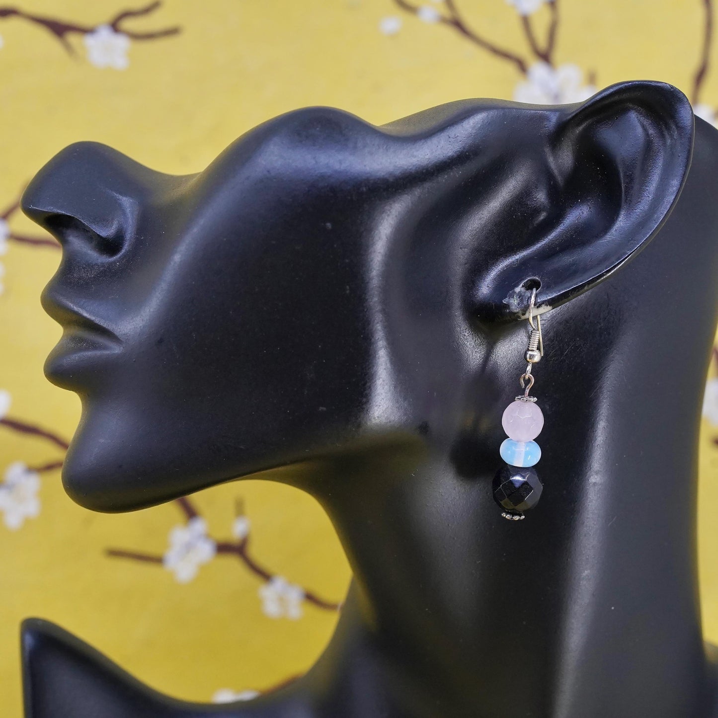 Vintage Sterling 925 silver handmade earrings with onyx opal pink quartz beads