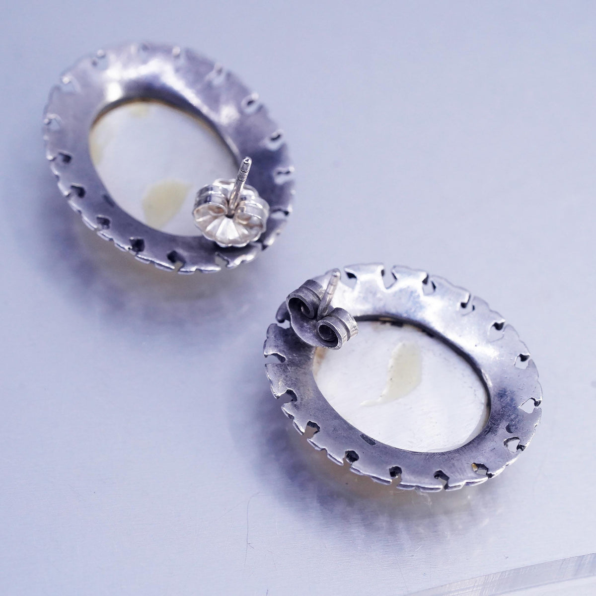 Vintage Sterling 925 silver earrings, oval beaded studs with mother of pearl