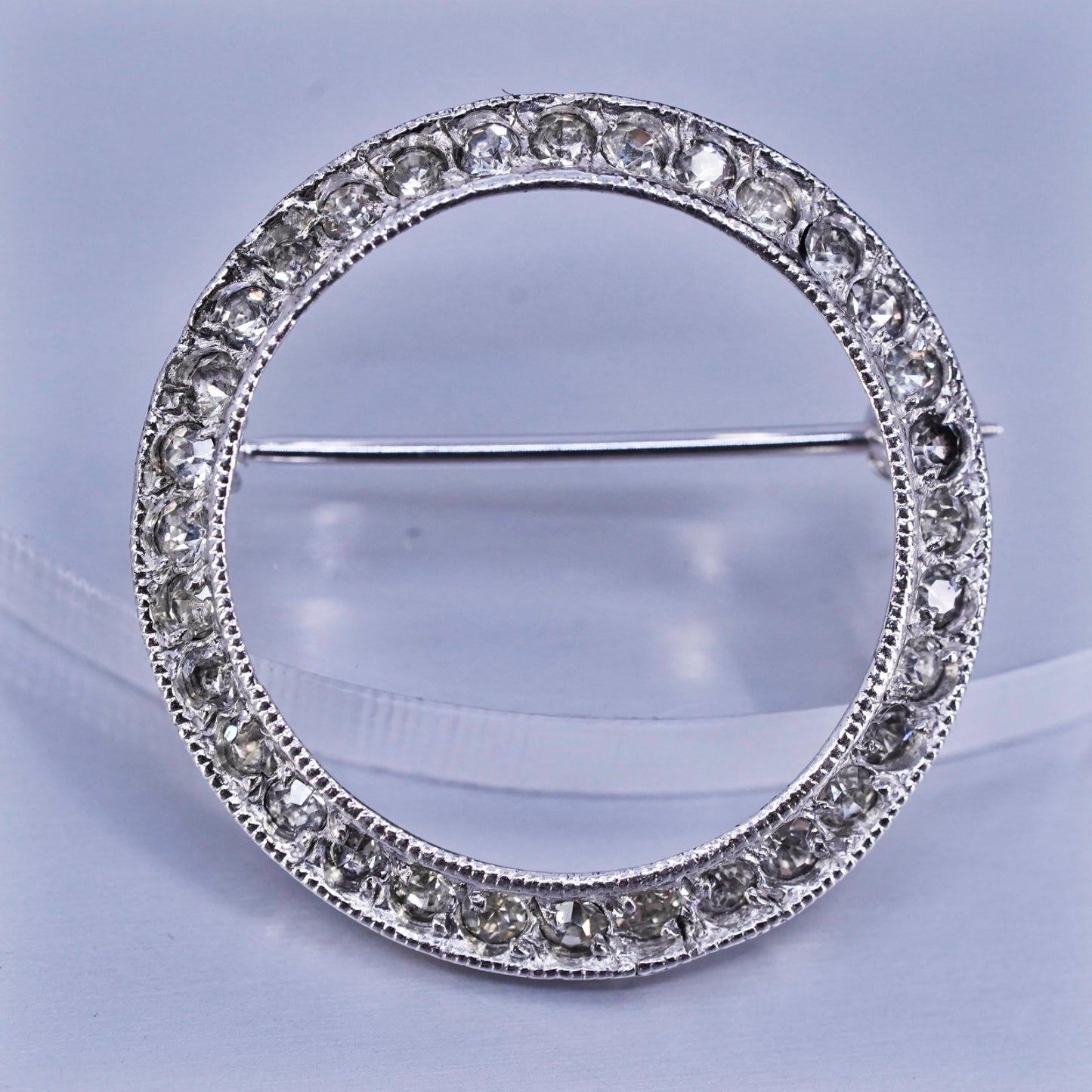 Vintage sterling silver handmade brooch, 925 circle pin with cluster cz