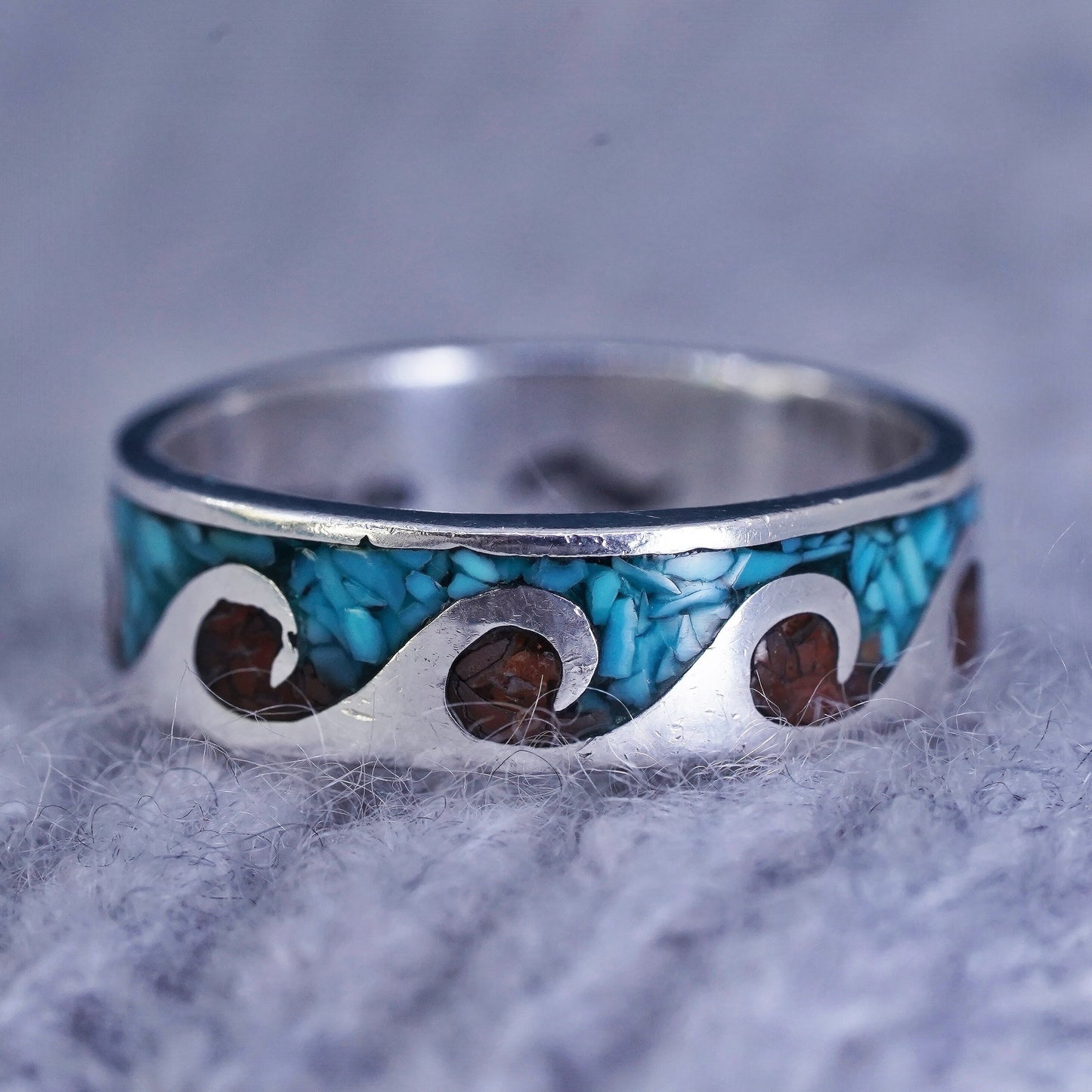 Size 6, zuni sterling silver ring, 925 wave band turquoise coral, southwestern