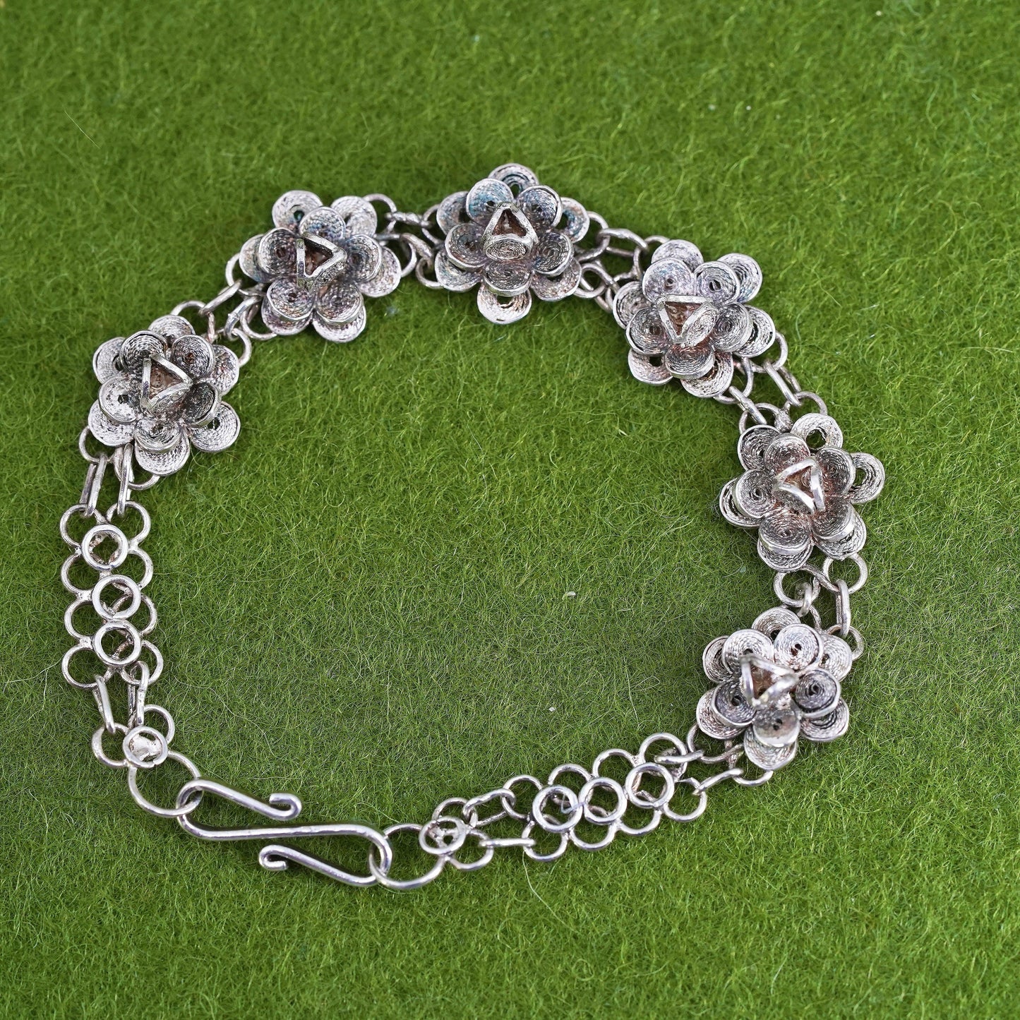 5.75", vintage sterling silver handmade bracelet, 800 filigree flower chain