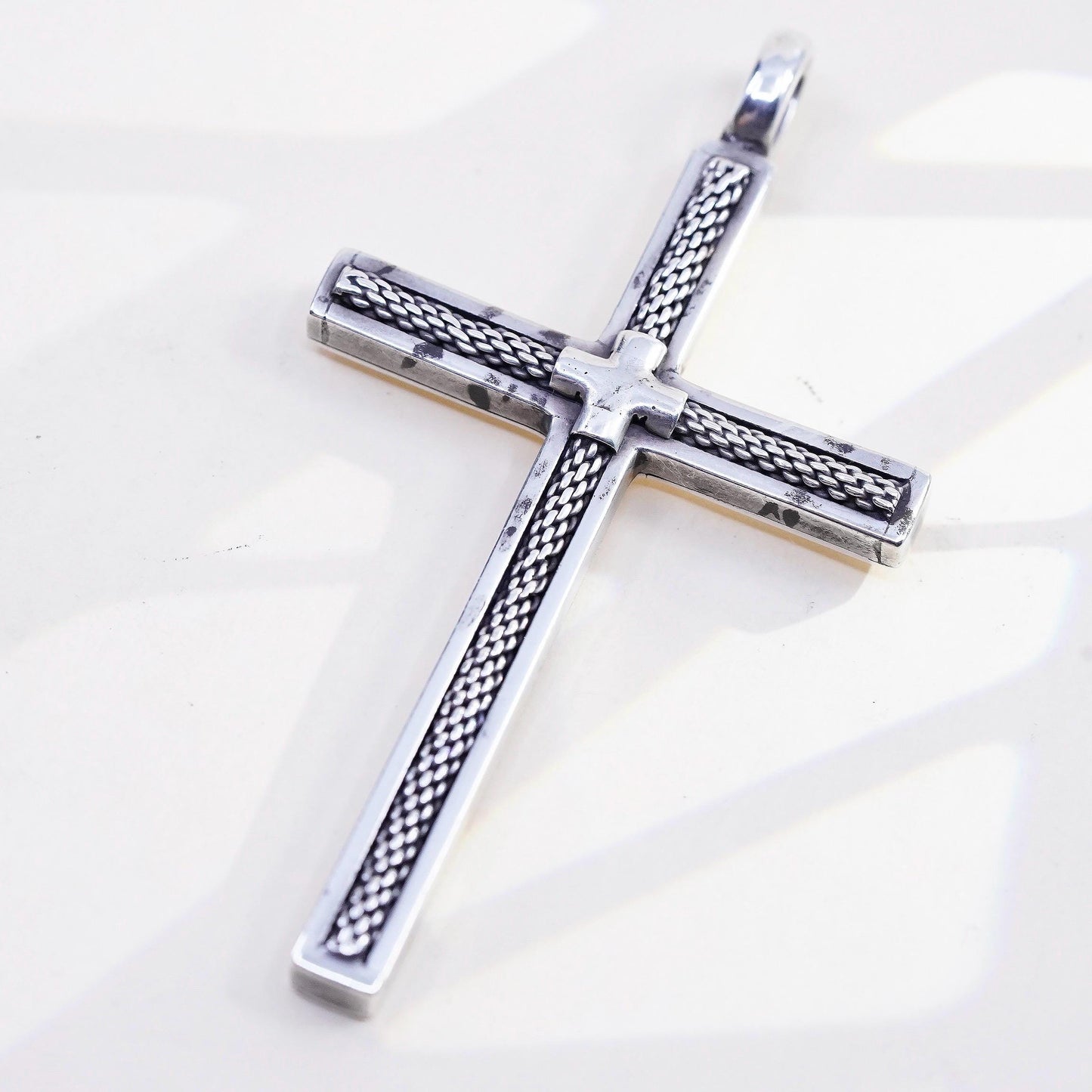 3” Vintage sterling silver handmade pendant, huge textured 925 cross