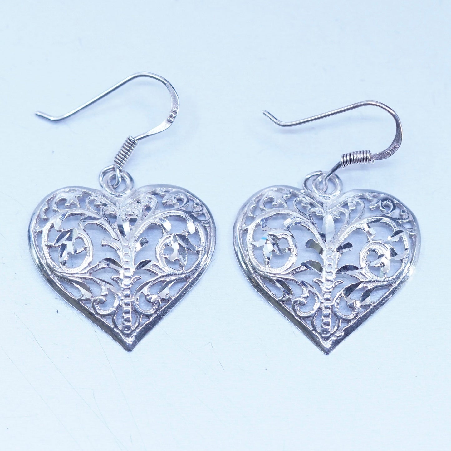 Vintage Sterling 925 silver handmade filigree heart earrings