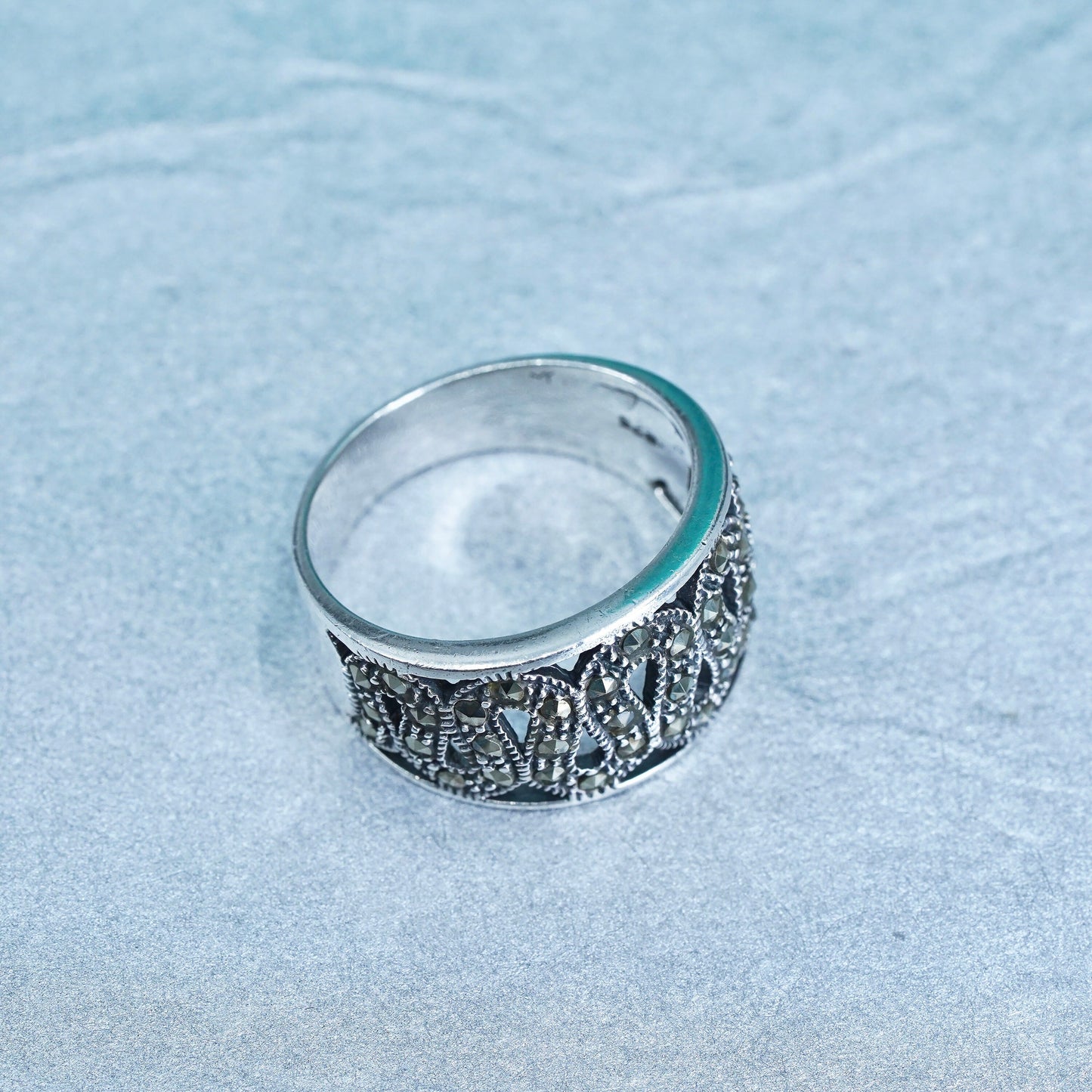 Size 8.75, southwestern Sterling 925 silver handmade ring, band with marcasite