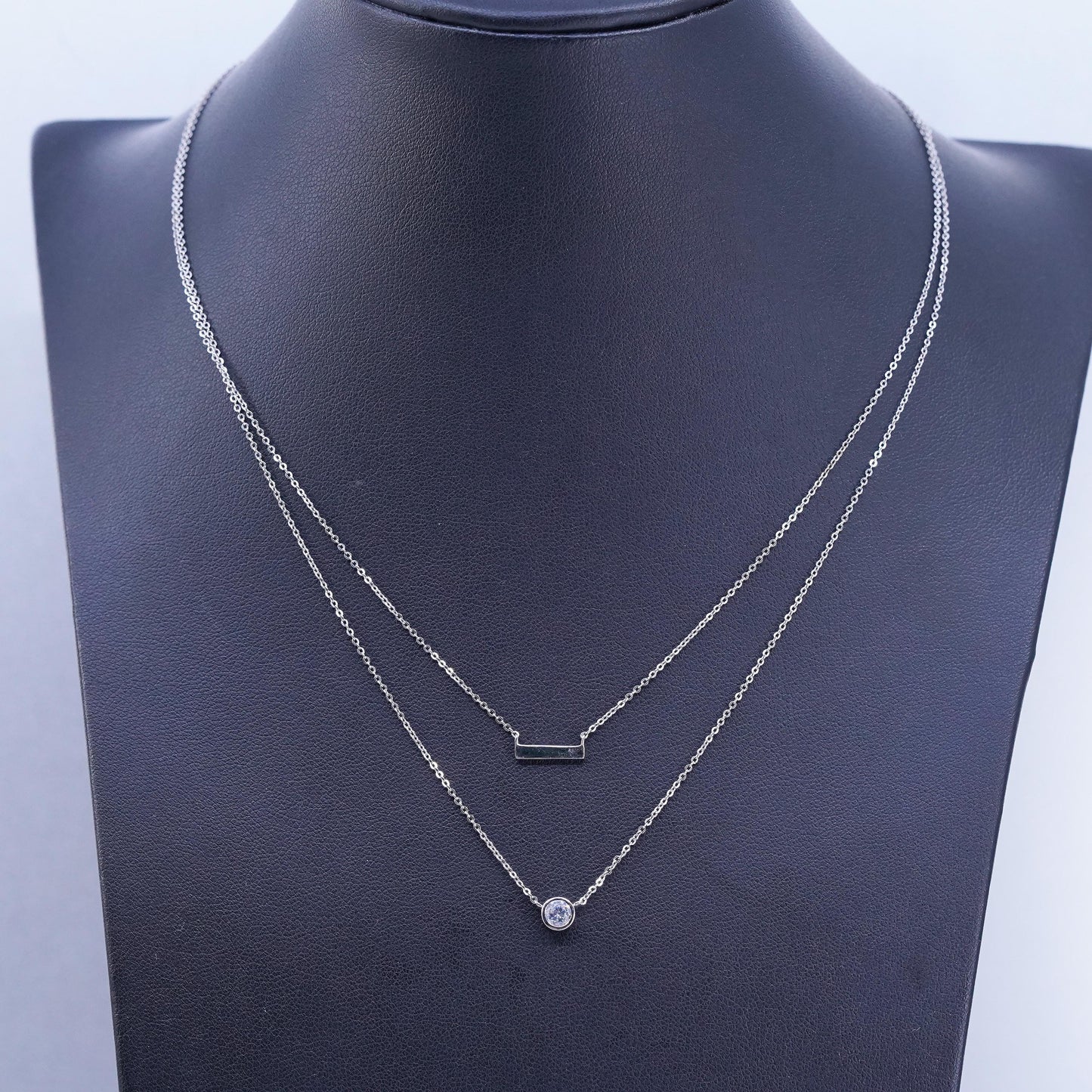 16+2”, vintage Sterling 925 silver double strands circle necklace cz pendant