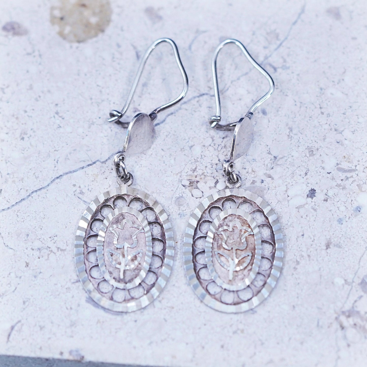 Vintage sterling silver handmade earrings, 925 filigree floral drop