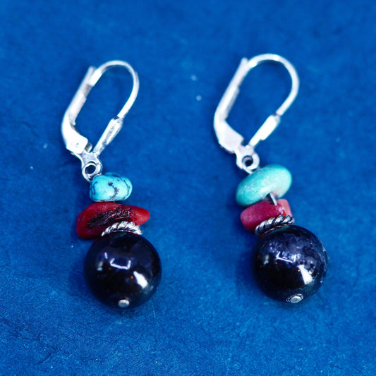 Vintage sterling 925 silver handmade earrings with coral turquoise onyx beads