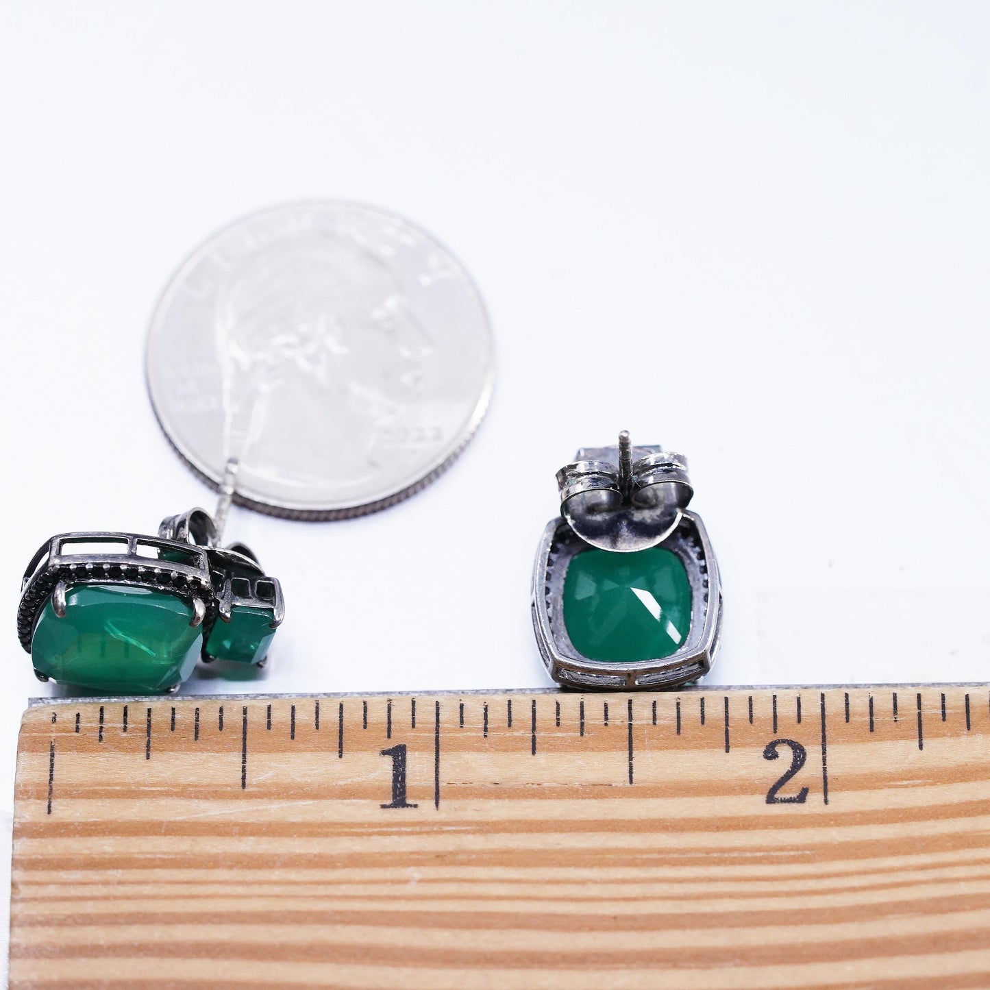 Vintage Oxidized 925 Sterling Silver Green Onyx Stud Earrings Black Spinel Halo