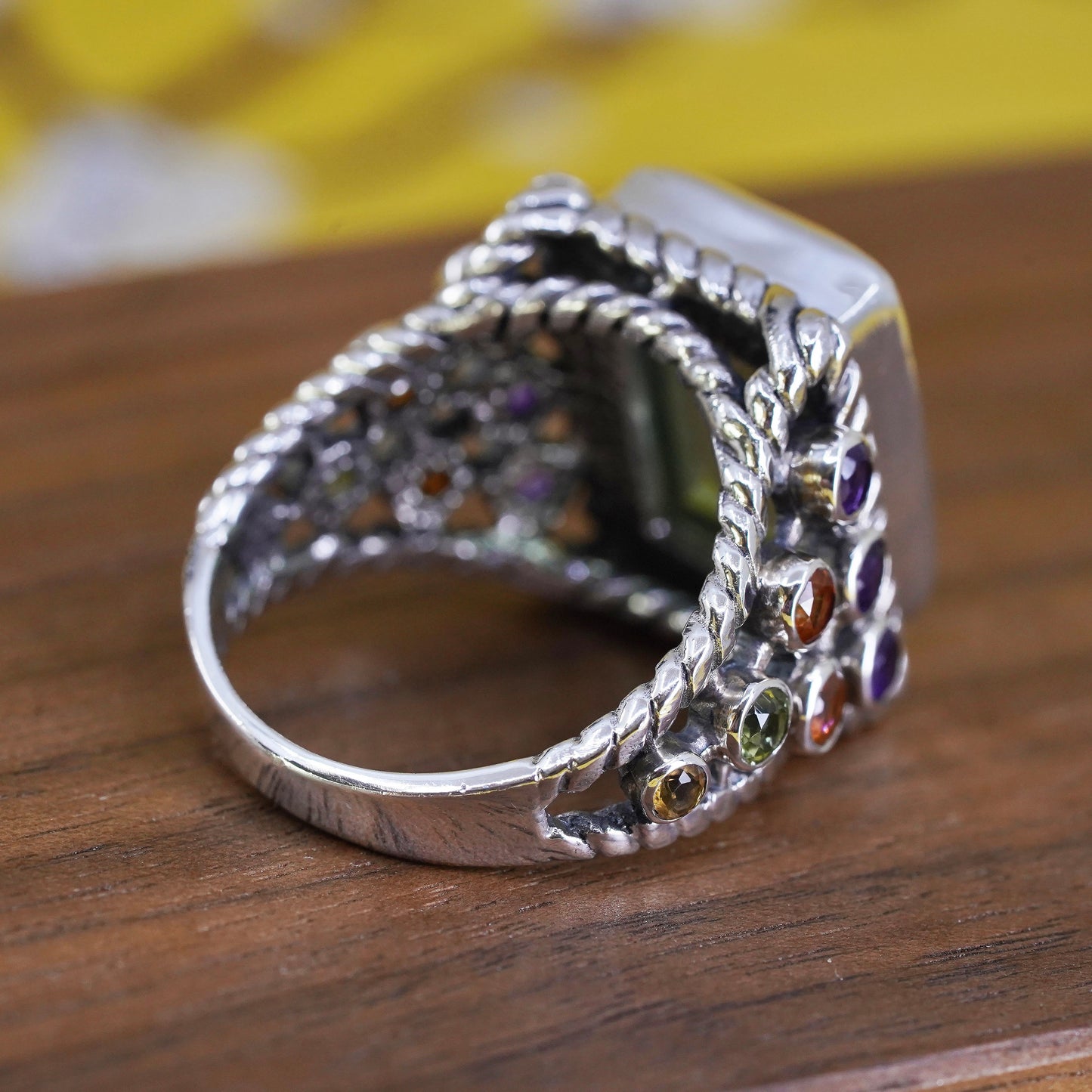 Size 10, Sterling 925 silver ring square peridot amethyst peridot citrine