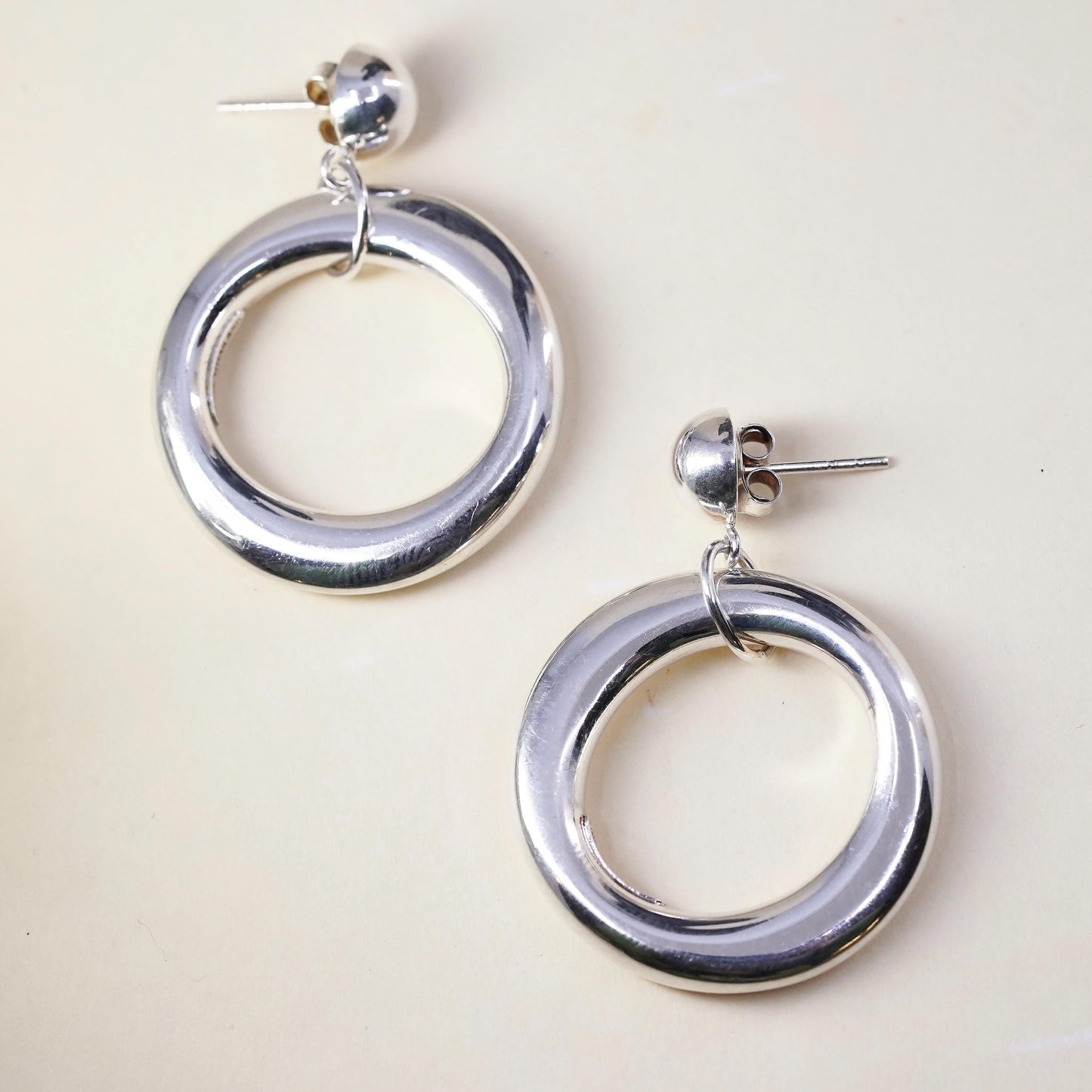 Vintage sterling silver handmade earrings, 925 circles dangles