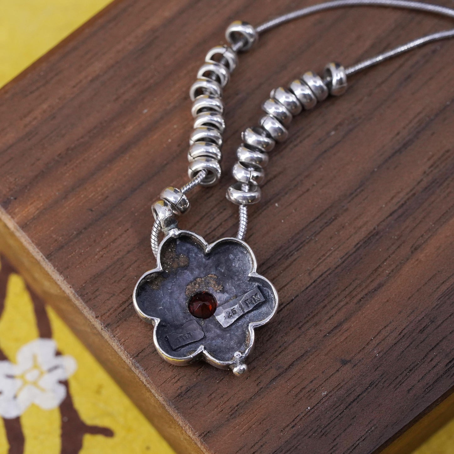 18” 14K flower Sterling silver pendant, 925 snake chain necklace with beads