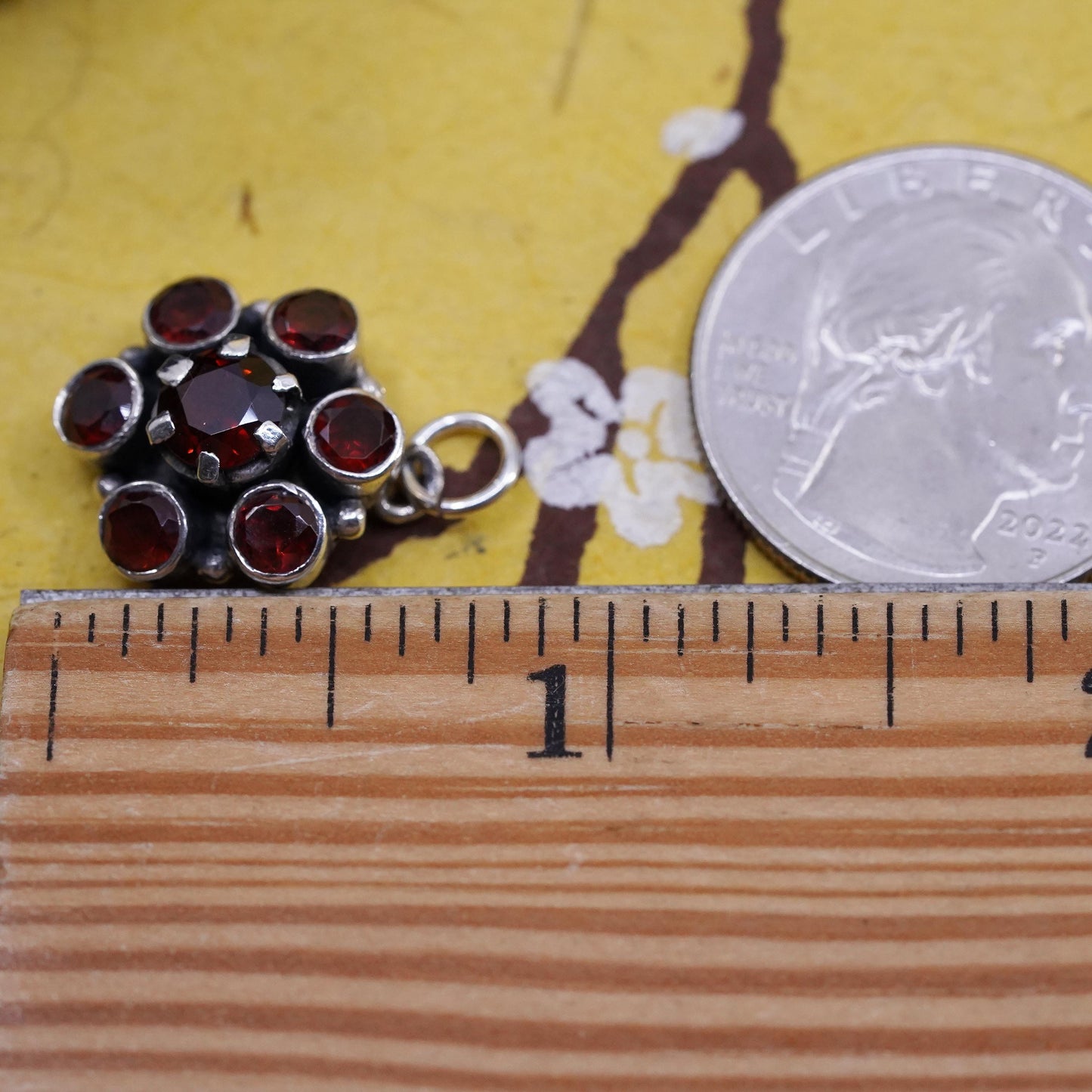 Vintage Sterling silver handmade pendant, 925 silver flower charm with garnet