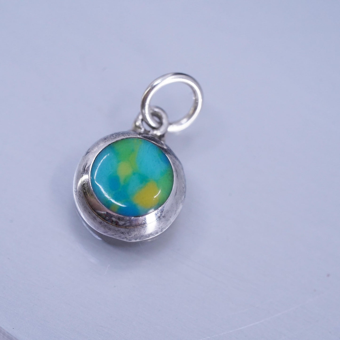 Vintage Sterling silver charm, 925 circle tag with calsilica inlay