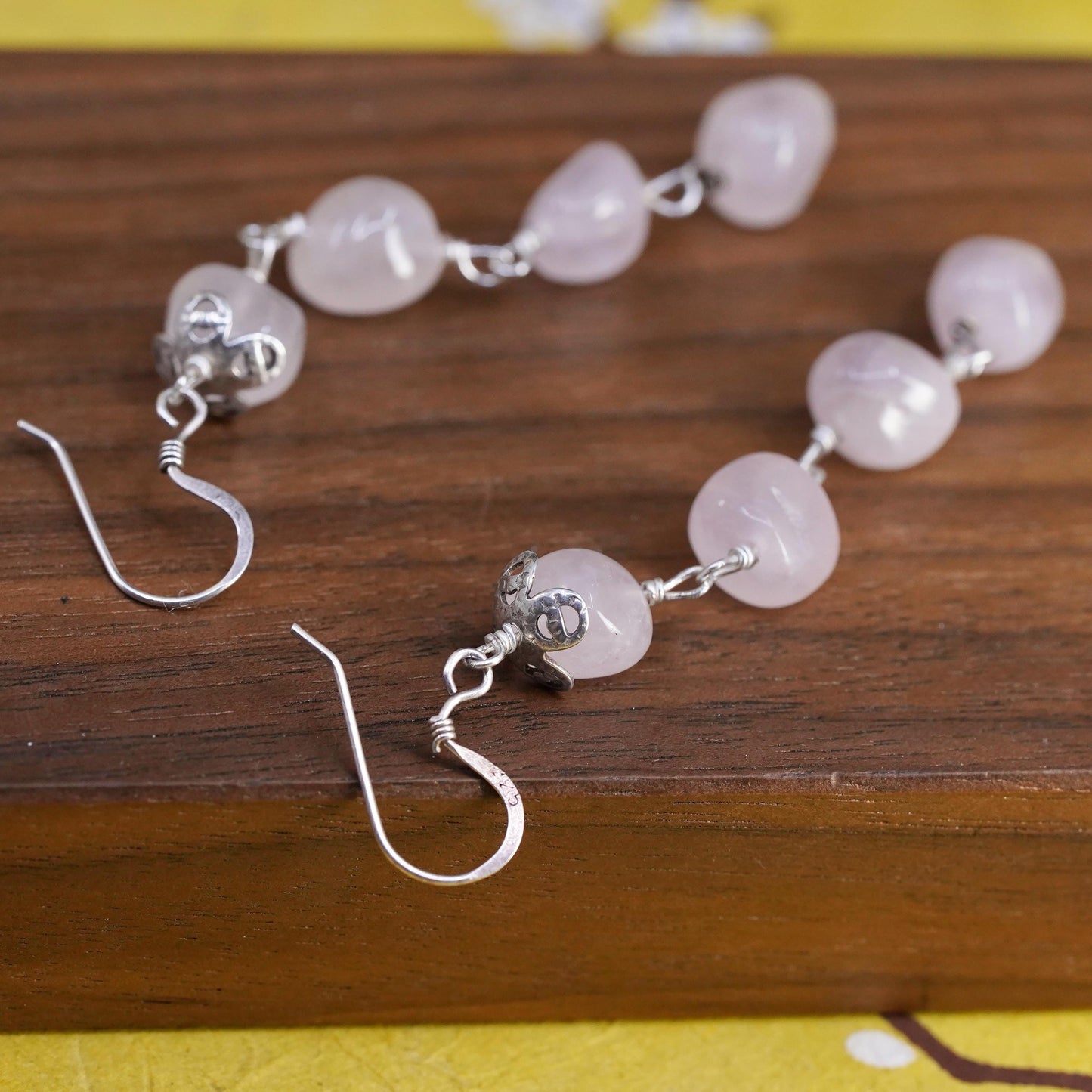Vintage Sterling 925 silver handmade earrings with pink rose quartz