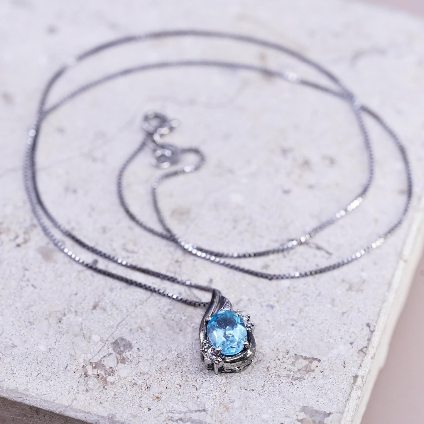 18" RL Sterling silver necklace, 925 box chain topaz diamond 10K gold pendant