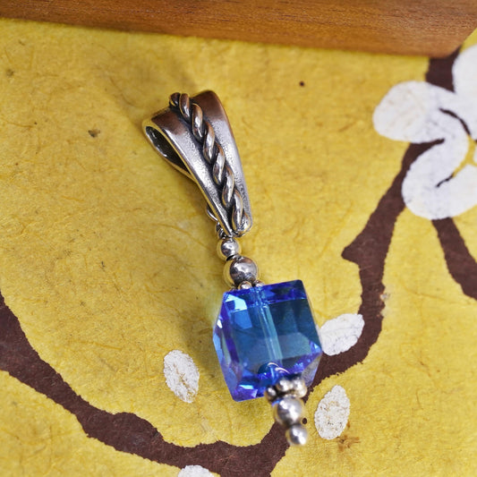 Vintage Sterling silver handmade pendant, 925 silver with blue crystal cube