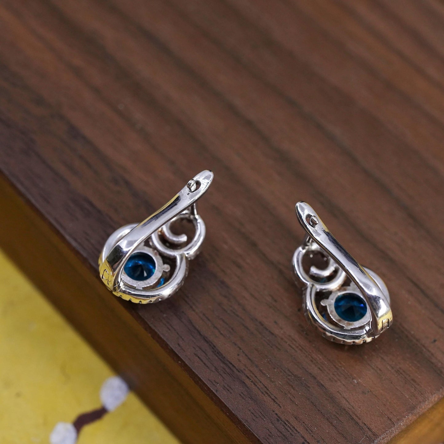 Vintage Sterling silver earrings, 925 Huggie hoops cluster cz blue crystal