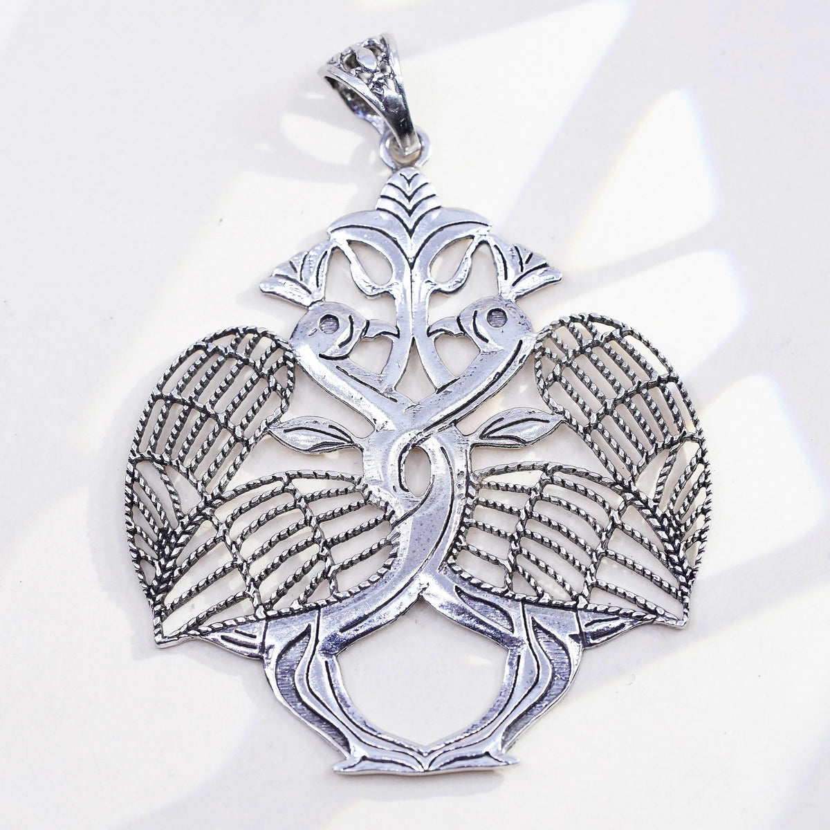 925 Sterling Silver Love Birds Tree of Life Pendant, Filigree Openwork Charm