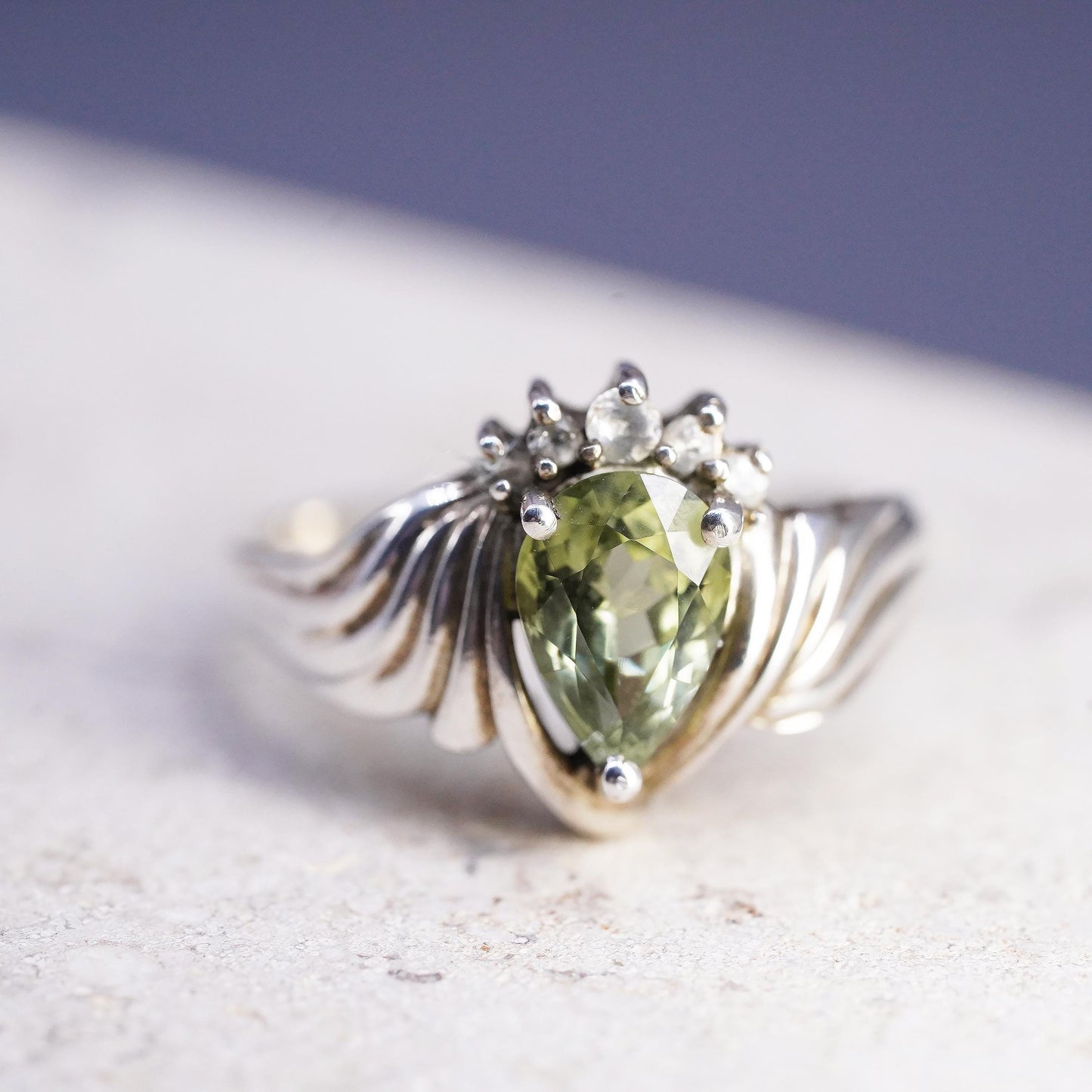 Size 8.25, vintage Sterling silver 925 handmade ring with teardrop peridot cz