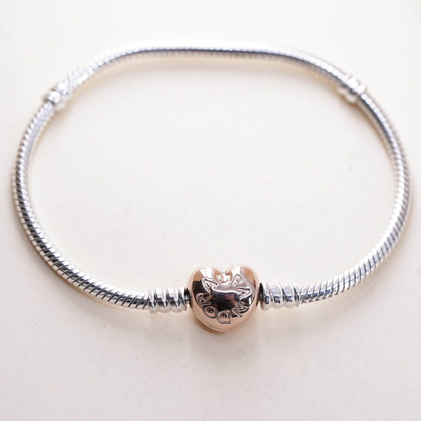 6.75” Pandora two tone sterling silver bracelet, 925 snake rose gold heart