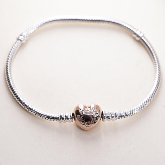 6.75” Pandora two tone sterling silver bracelet, 925 snake rose gold heart