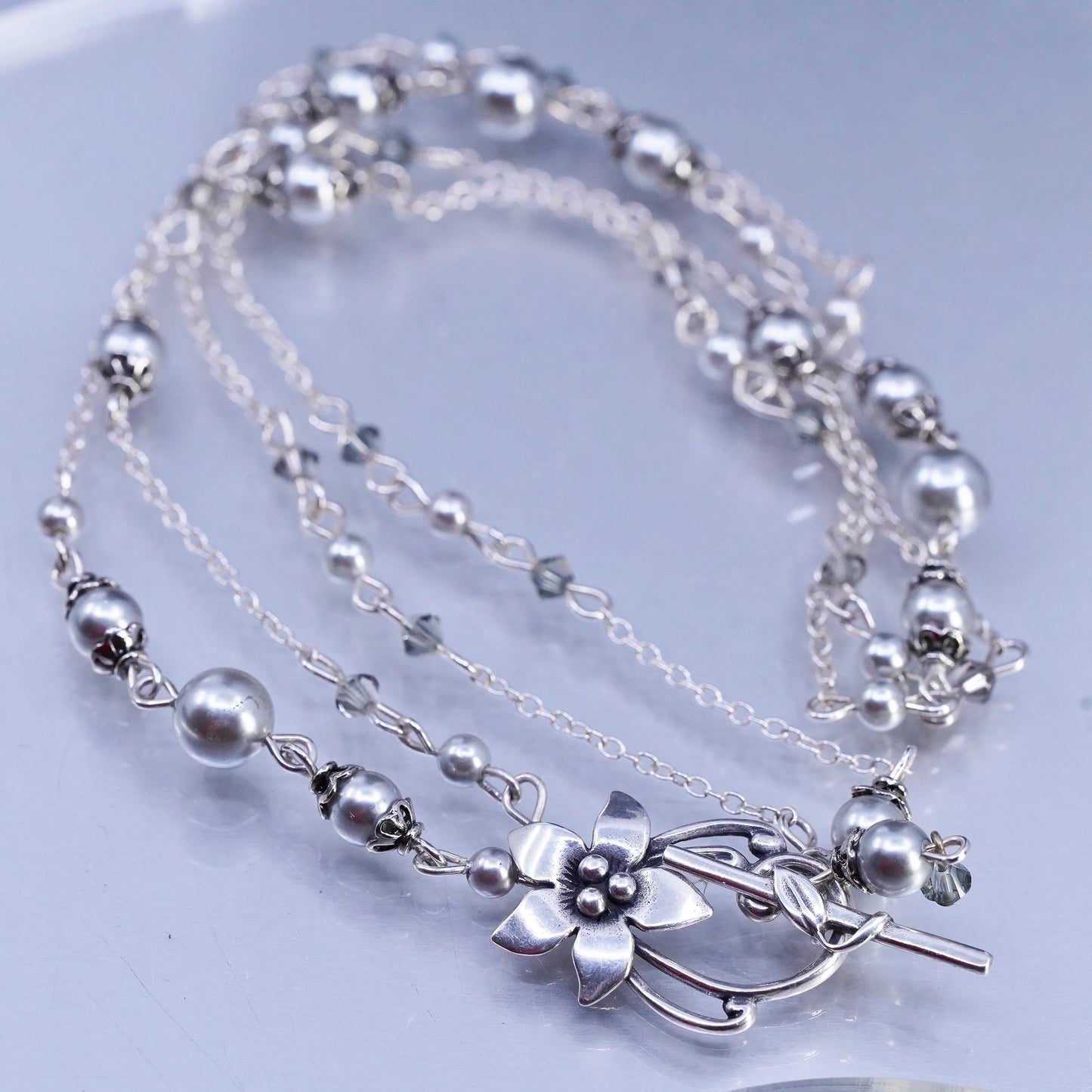 18” VTG double strands faux gray pearl necklace with 925 sterling Silver floral