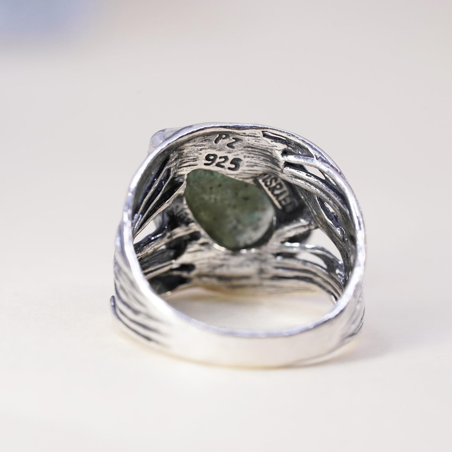 Size 10.25, Israel Pz Or Paz Sterling 925 silver ring teardrop Roman glass
