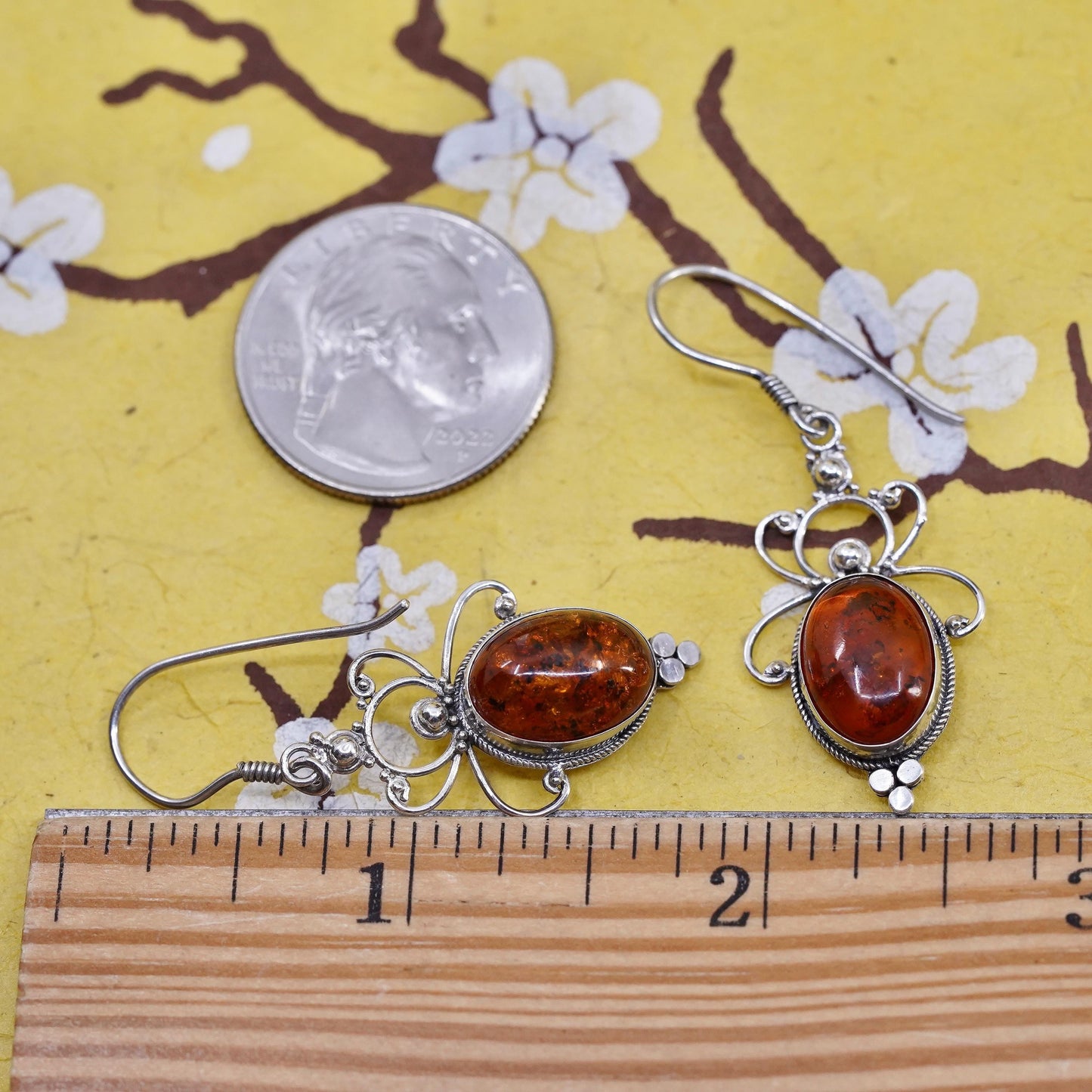 Vintage Sterling 925 silver handmade earrings with oval Amber