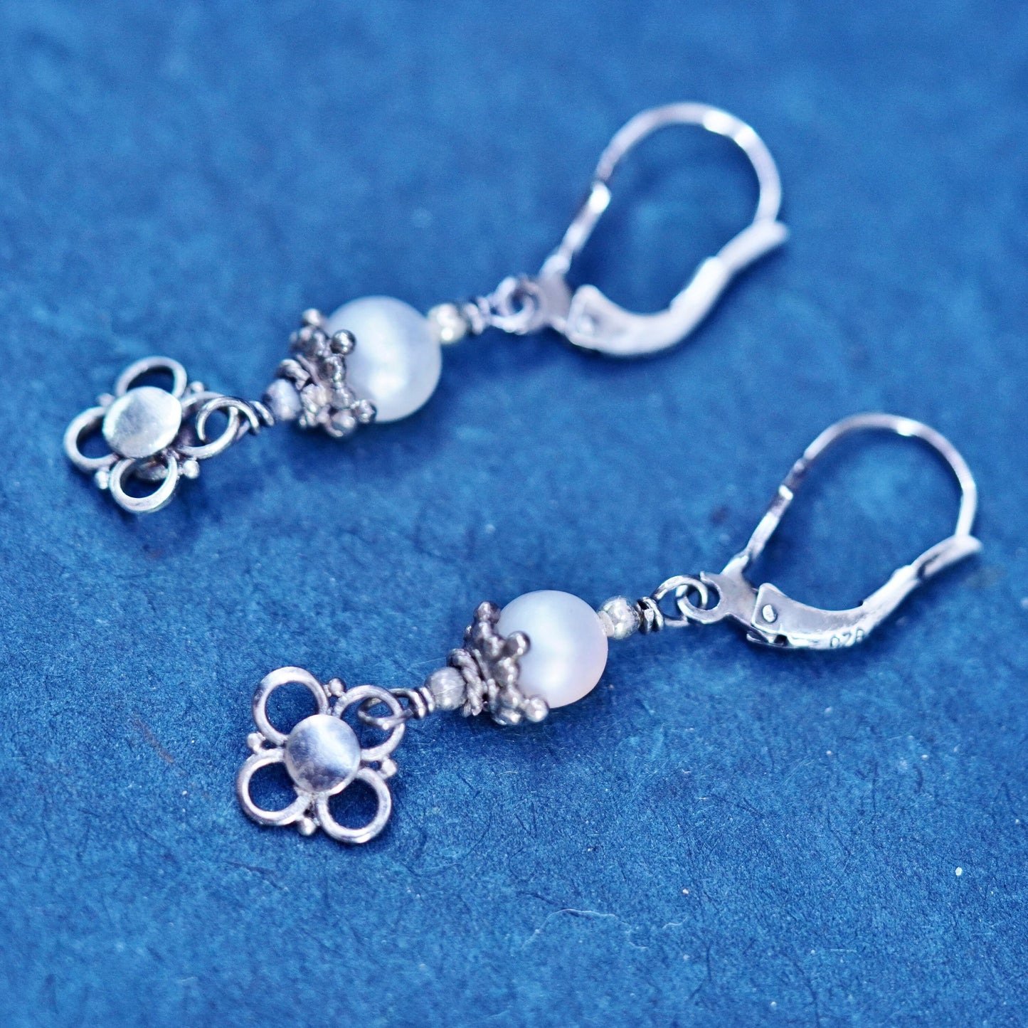 Vintage Sterling silver 925 handmade earrings with pearl and dangles