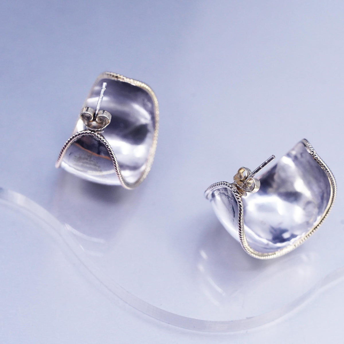 Two Tone Sterling 925 Silver Wide Hoop Earrings, Sculptural Curved Half Hoops
