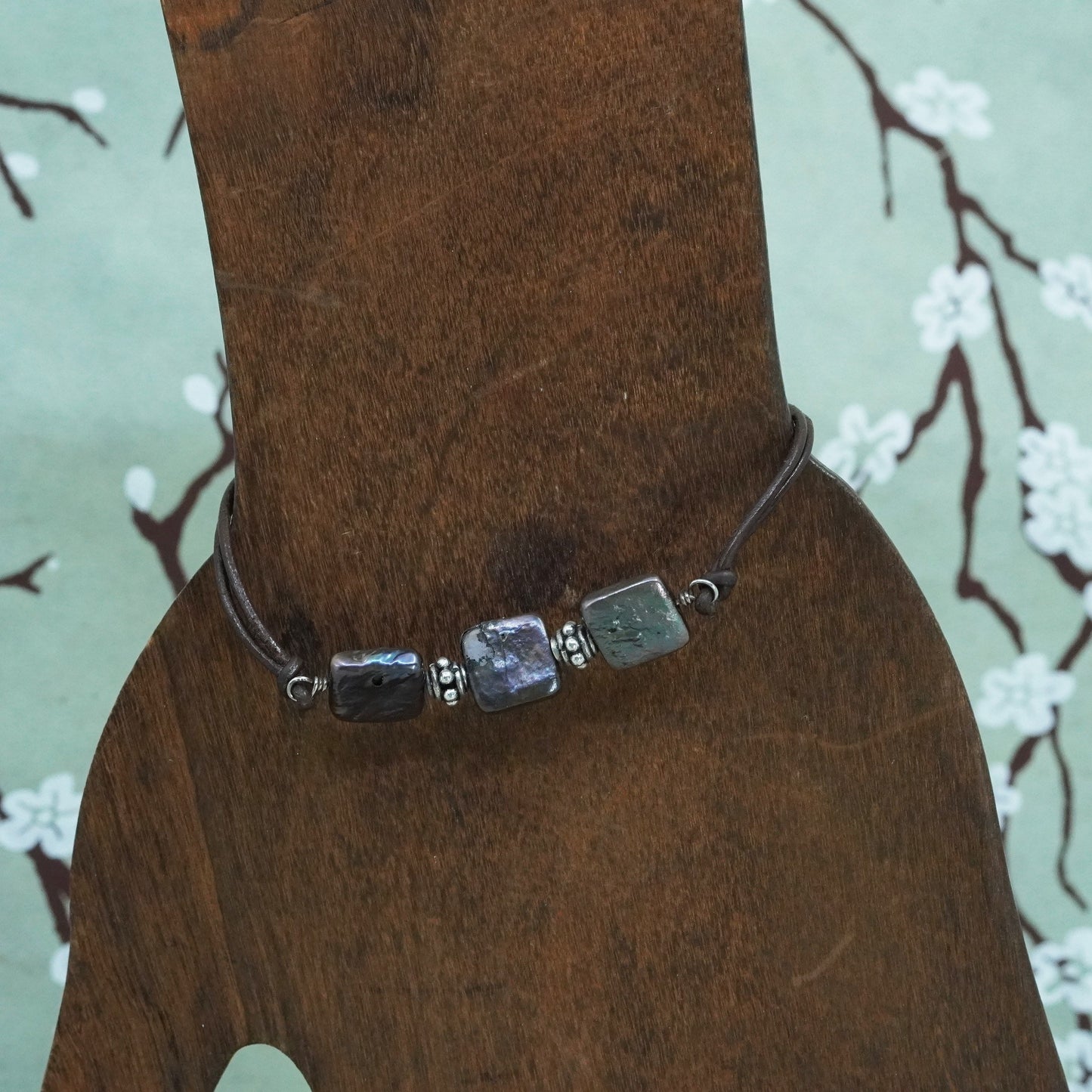6.5” vintage brown leather chain sterling 925 silver clasp square black pearl