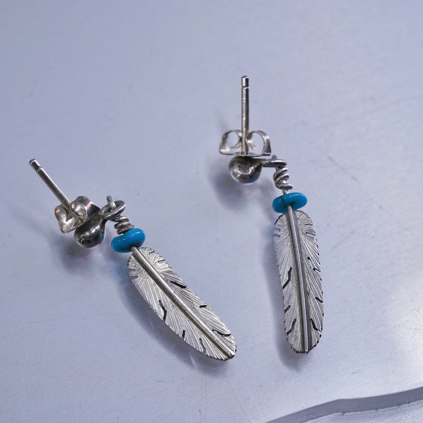 Navajo Native American Sterling 925 silver earrings turquoise feather dangles