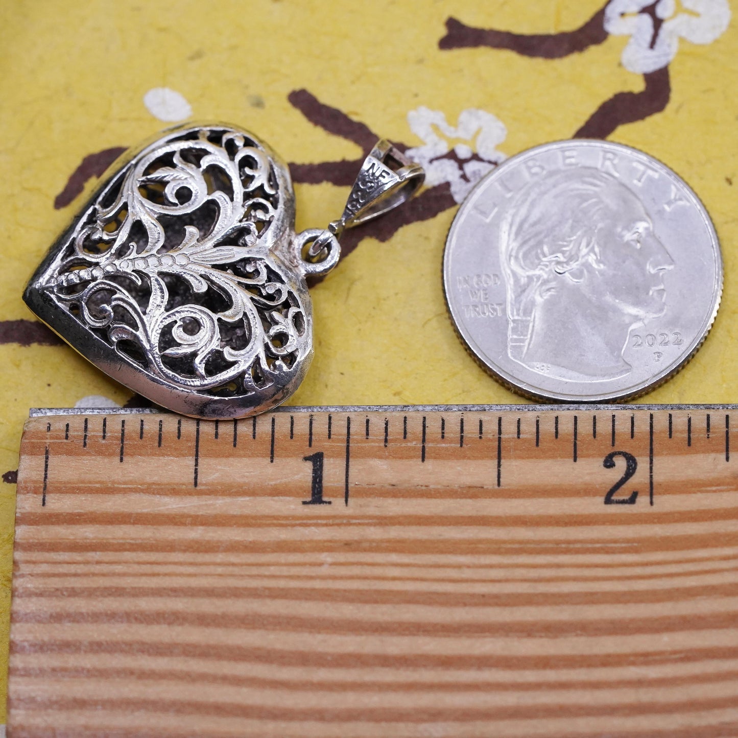 VTG Sterling silver handmade double side pendant, 925 filigree heart pendant