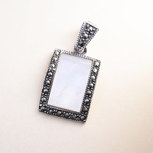 Vintage sterling 925 silver handmade heart pendant mother of pearl marcasites