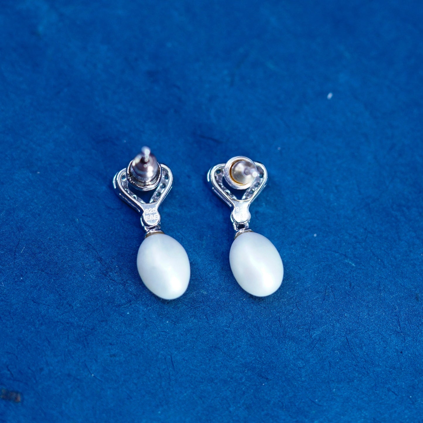 Vintage sterling silver 925 handmade earrings with heart cluster cz pearl