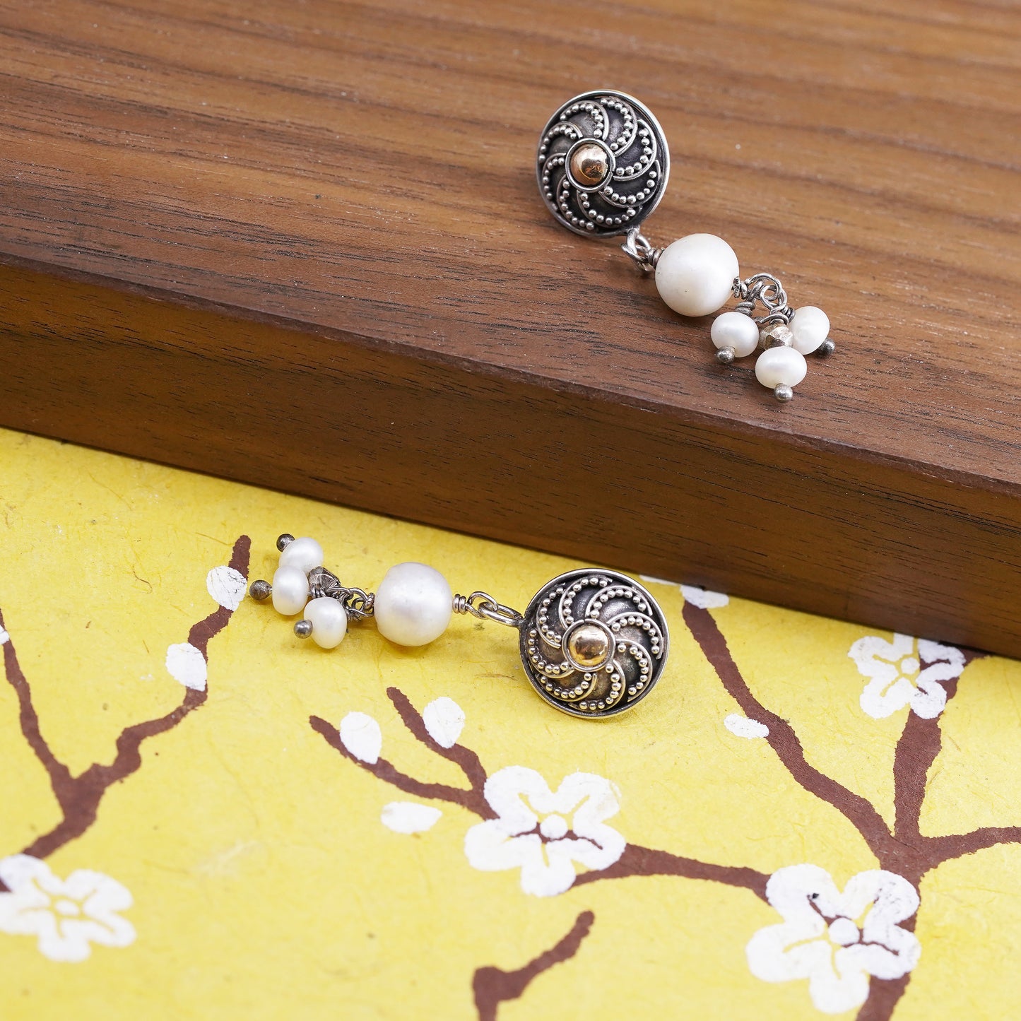 sterling silver earrings with 14K gold dot, bali 925 discs with pearl beads