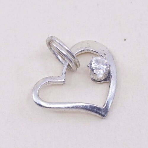 Vintage Sterling Silver Heart Pendant W/ Cz Dangle, Solid 925 Silver Charm