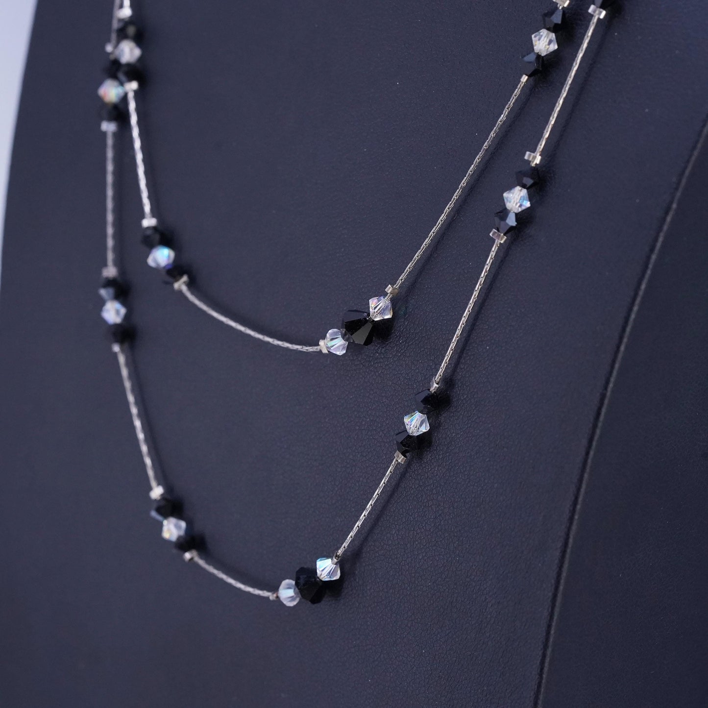 18” Sterling Silver 925 double strands chain necklace black and white crystal