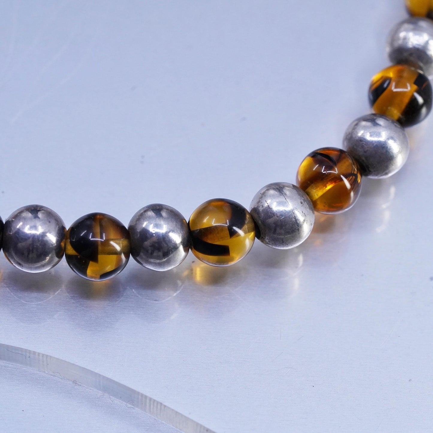 16" 8mm, Vintage Sterling 925 silver necklace with amber beads toggle closure