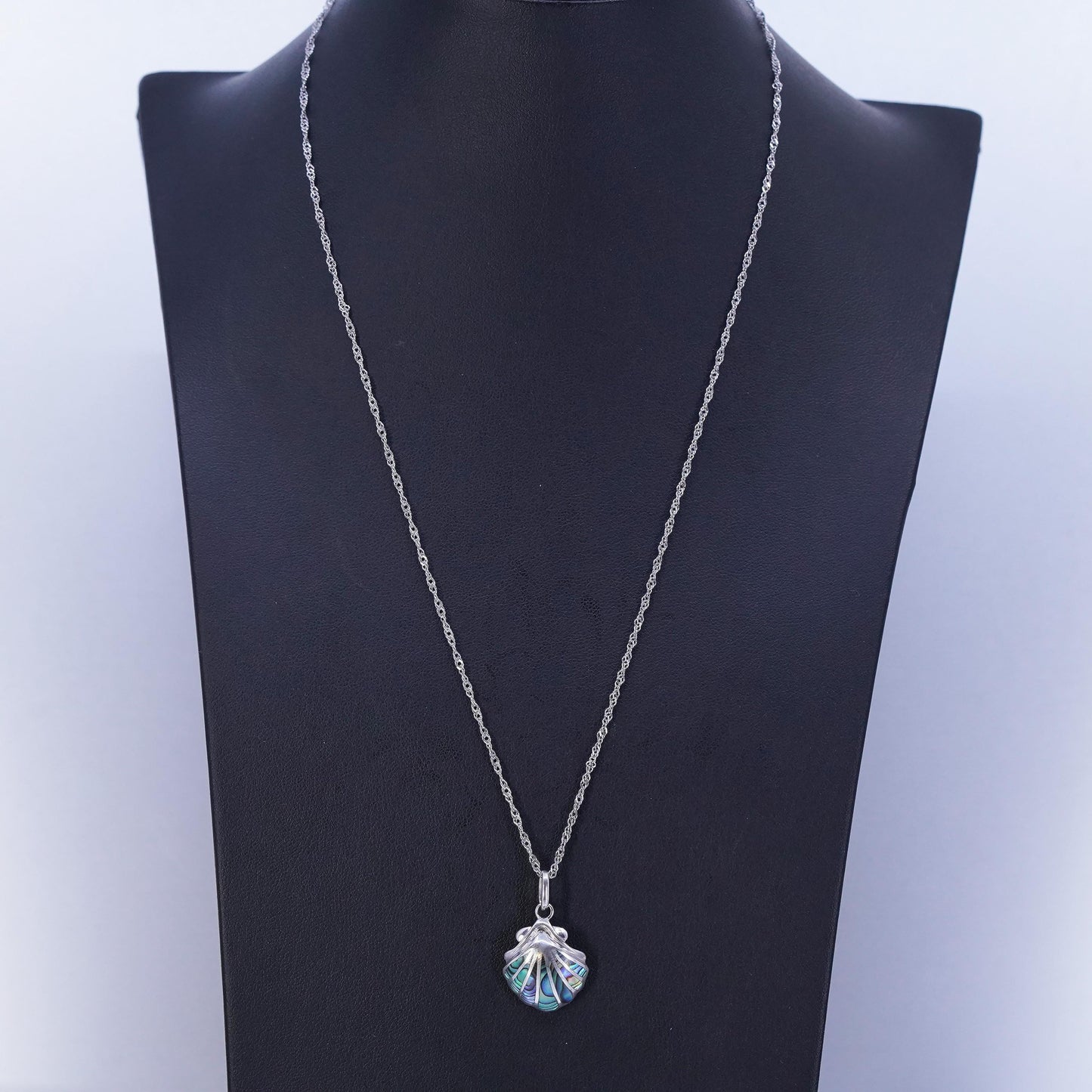 17+2” Sterling 925 silver Singapore rope chain necklace abalone shell pendant