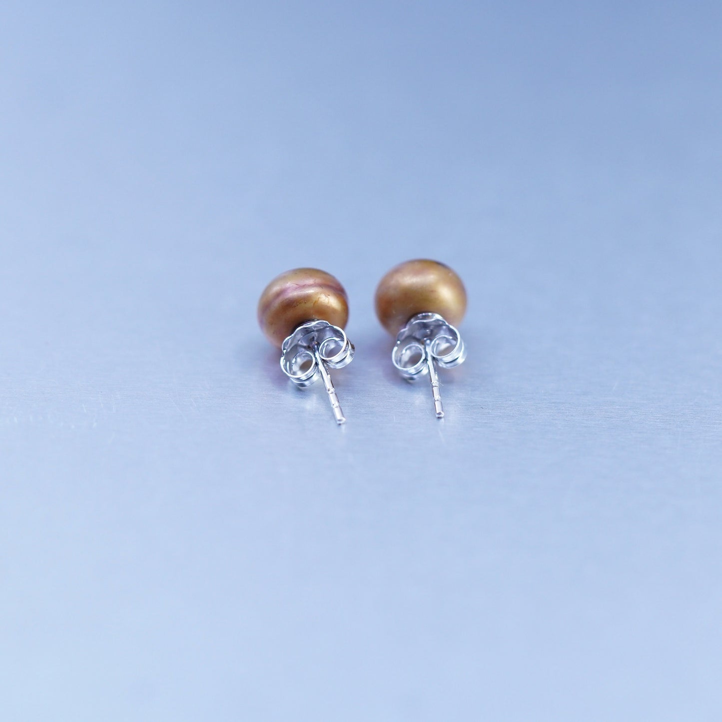 5mm, Vintage Sterling 925 silver handmade earrings, studs with golden pearl