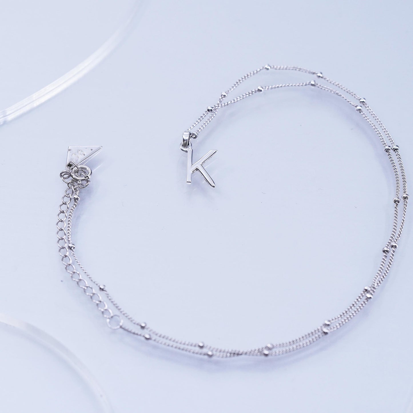 16+2”, vintage Sterling silver necklace, 925 bead curb chain letter K pendant