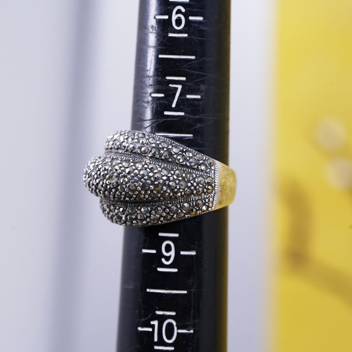 Size 8 VTG Sterling silver ring with cluster marcasites, 925 dome ribbed band