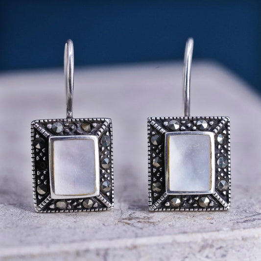 Vintage Sterling 925 silver rectangle earrings with mother of pearl marcasite