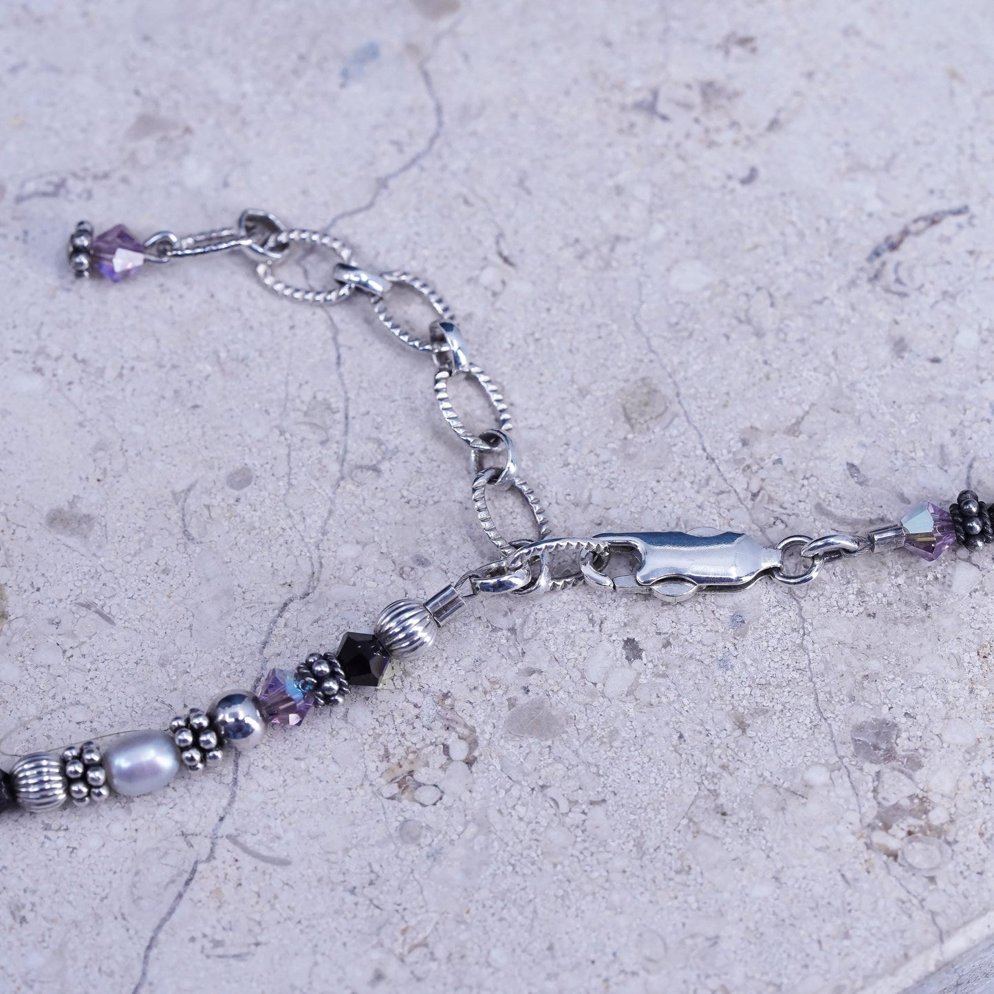 16+2", VTG Sterling 925 silver necklace with freshwater pearl and crystal beads