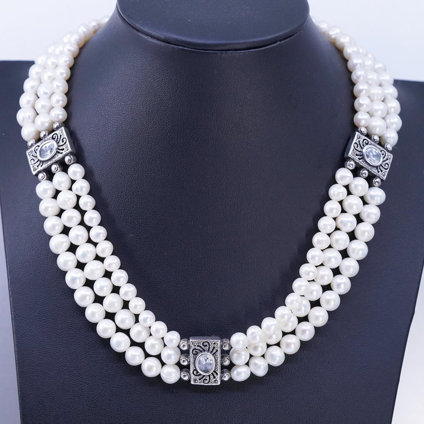 16", multi strands freshwater pearl necklace Sterling 925 silver cz marcasite