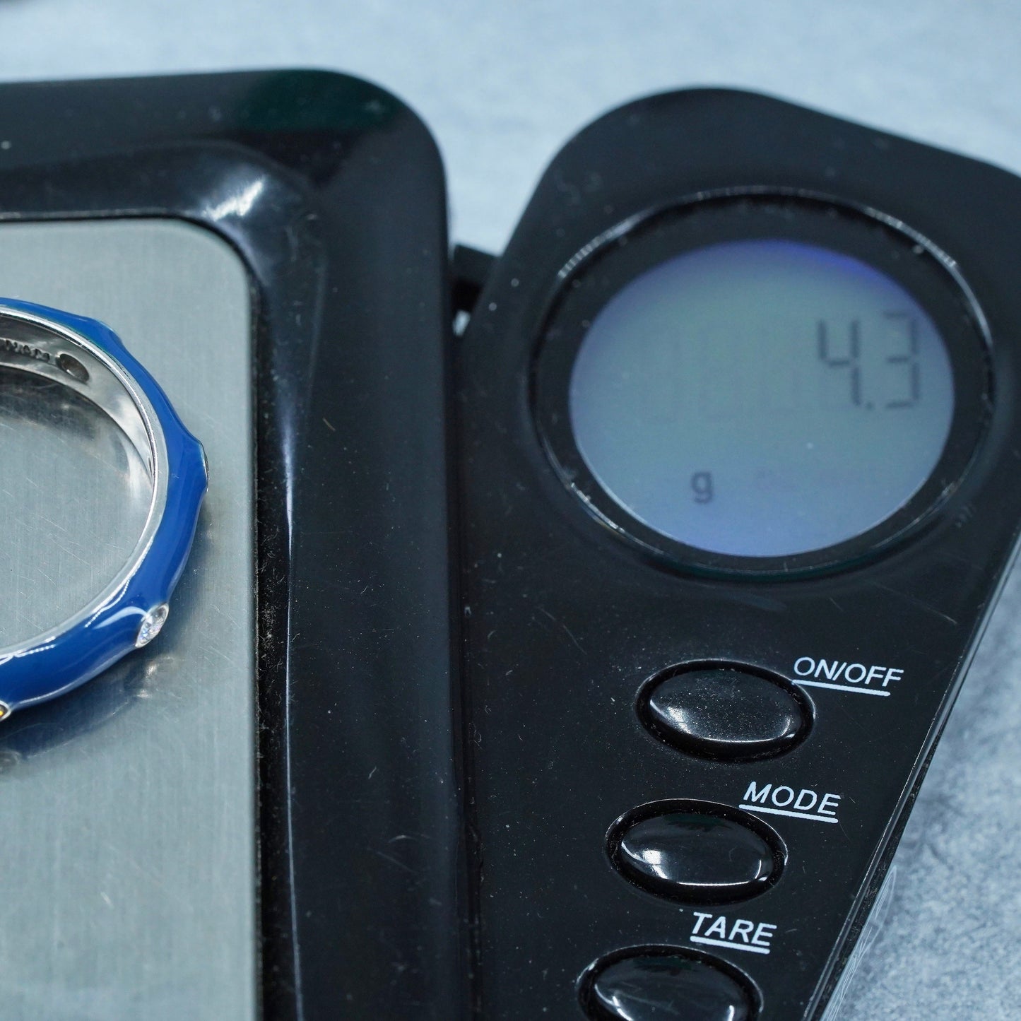 Size 10, vintage Sterling 925 silver handmade ring, blue enamel band with cz