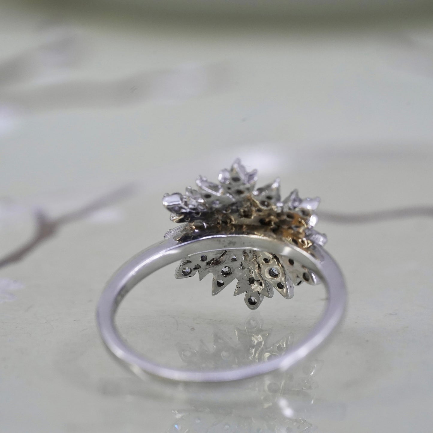 Size 8.75, 925 Sterling silver snowfalke ring with CZ cluster, engagement ring