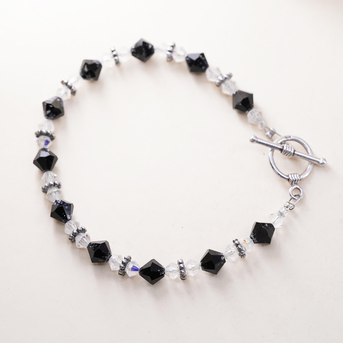 6.5", vintage Sterling silver bracelet, 925 beads black Crystal toggle closure